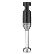 A black and silver Waring Commercial immersion blender stands upright, featuring a black handle with “HI” and “LOW” speed buttons and a silver shaft with a protective blade guard—ideal for medium duty tasks and blending up to 12 qt capacity.