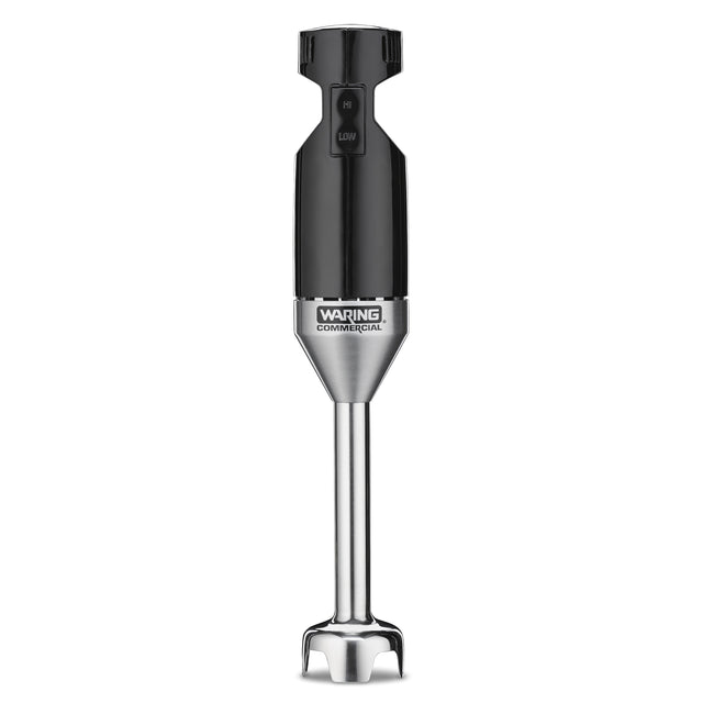 A black and silver Waring Commercial immersion blender stands upright, featuring a black handle with “HI” and “LOW” speed buttons and a silver shaft with a protective blade guard—ideal for medium duty tasks and blending up to 12 qt capacity.
