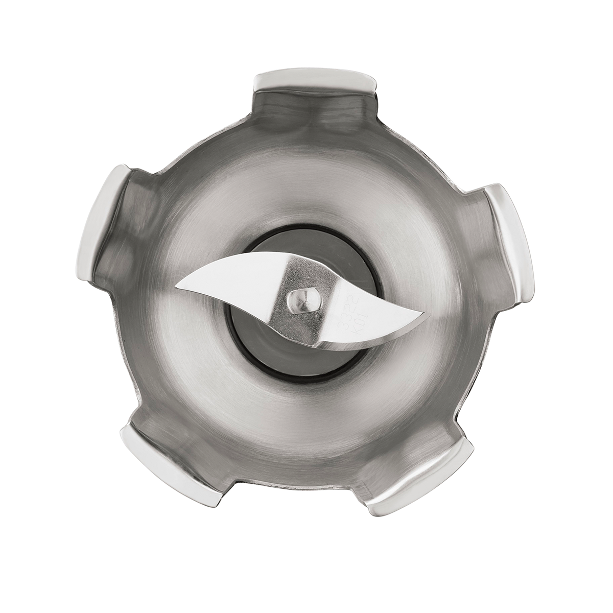 A top-down view of a stainless steel blender jar with four protruding edges and a sharp, two-pronged metal blade featuring a stainless steel shaft, designed for blending or grinding, against a white background.
