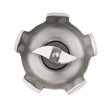 A top-down view of a stainless steel blender jar with four protruding edges and a sharp, two-pronged metal blade featuring a stainless steel shaft, designed for blending or grinding, against a white background.