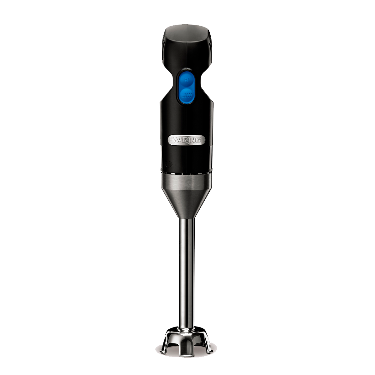 A black and silver immersion blender stands upright against a plain light grey background. It features a blue button, a branded silver band, and stainless steel blades at the base—ideal for light duty tasks with up to 12 qt capacity.