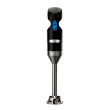 A black and silver immersion blender stands upright on a light gray background. The handle has a blue button and metallic band, featuring a stainless steel shaft and protective blade guard, ideal for light duty blending tasks.