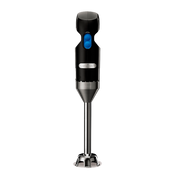 A black and silver immersion blender stands upright on a light gray background. The handle has a blue button and metallic band, featuring a stainless steel shaft and protective blade guard, ideal for light duty blending tasks.