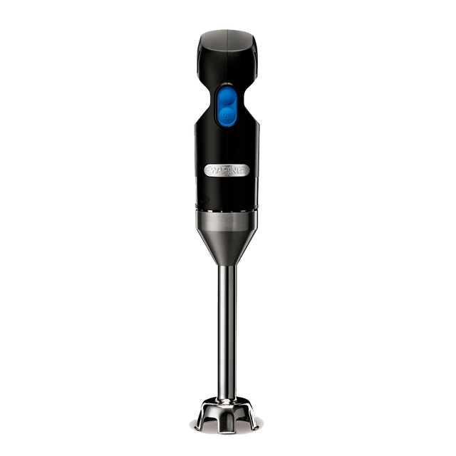 A black and silver immersion blender stands upright on a light gray background. The handle has a blue button and metallic band, featuring a stainless steel shaft and protective blade guard, ideal for light duty blending tasks.