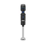 A black Waring cordless immersion blender stands upright, featuring a sleek handle with blue accents, control buttons on the front, and a long metal blending shaft ending in a protective blade guard. The word BOLT is printed at the top of the handle.