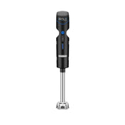 A black Waring cordless immersion blender stands upright, featuring a sleek handle with blue accents, control buttons on the front, and a long metal blending shaft ending in a protective blade guard. The word BOLT is printed at the top of the handle.
