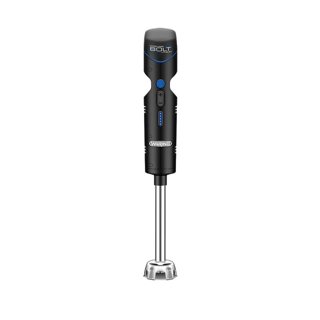 A black Waring cordless immersion blender stands upright, featuring a sleek handle with blue accents, control buttons on the front, and a long metal blending shaft ending in a protective blade guard. The word BOLT is printed at the top of the handle.