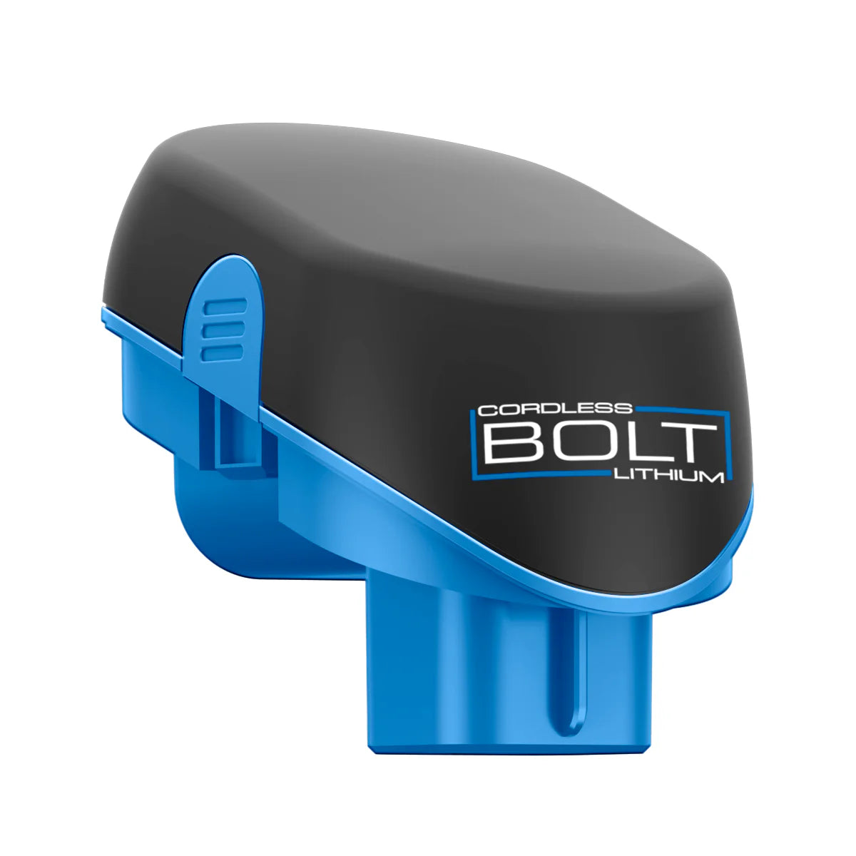 A black and blue cordless Bolt Battery Pack labeled Cordless Bolt Lithium. The battery has a sleek, rounded black top and bright blue base with notched edges, designed for use with power tools like the Waring Bolt or cleaning devices.