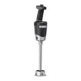 A black and silver medium duty immersion blender with a long metal blending shaft and protective blade guard, shown upright against a white background. The ergonomic, textured handle ensures a secure grip for blending up to 24 qt. capacity.