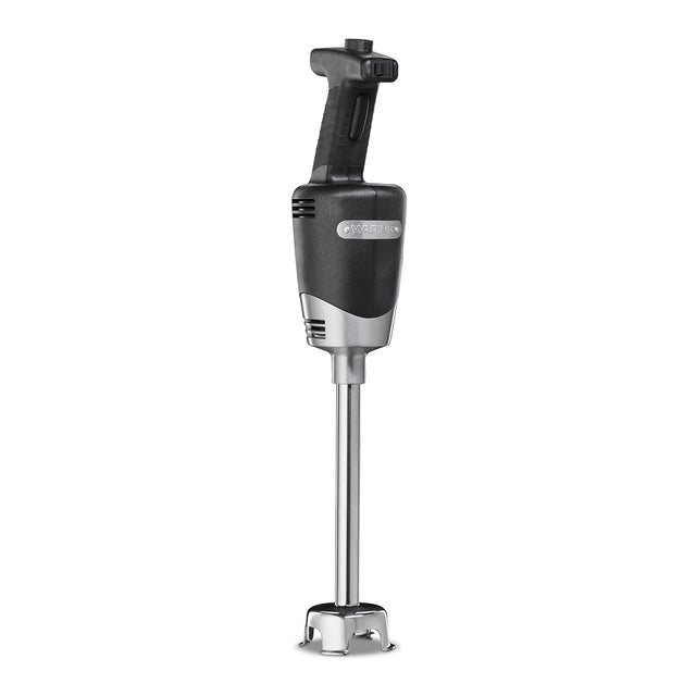 A black and silver medium duty immersion blender with a long metal blending shaft and protective blade guard, shown upright against a white background. The ergonomic, textured handle ensures a secure grip for blending up to 24 qt. capacity.