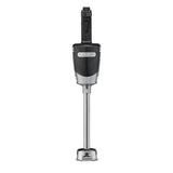 A black and silver medium duty immersion blender with a long stainless steel shaft and detachable blending head, shown upright against a white background. The wide, ergonomic handle features a visible power button near the top. Suitable for up to 24 qt. capacity.