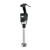A heavy duty immersion blender with a black handle and motor housing, a silver label, and a long stainless steel blending shaft. The power cord extends from the top, and the base features a protective metal guard around the blades. White background.