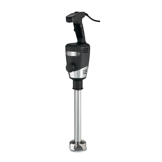 A heavy duty immersion blender with a black handle and motor housing, a silver label, and a long stainless steel blending shaft. The power cord extends from the top, and the base features a protective metal guard around the blades. White background.