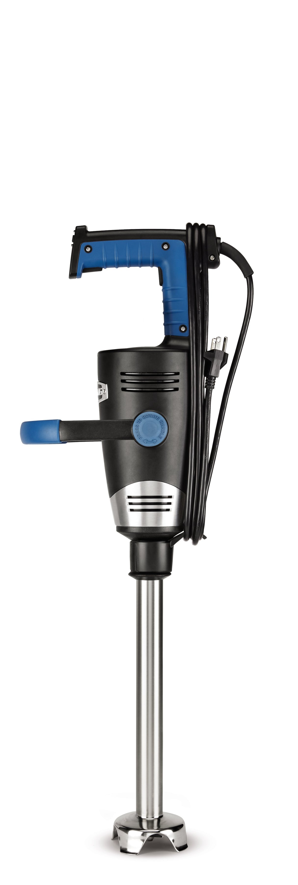 A heavy-duty immersion blender with a black and blue handle, black body, and long stainless steel shaft. A power cord wraps around the top, with a side handle for support. Designed for 60 qt capacity, the device stands upright against a white background.