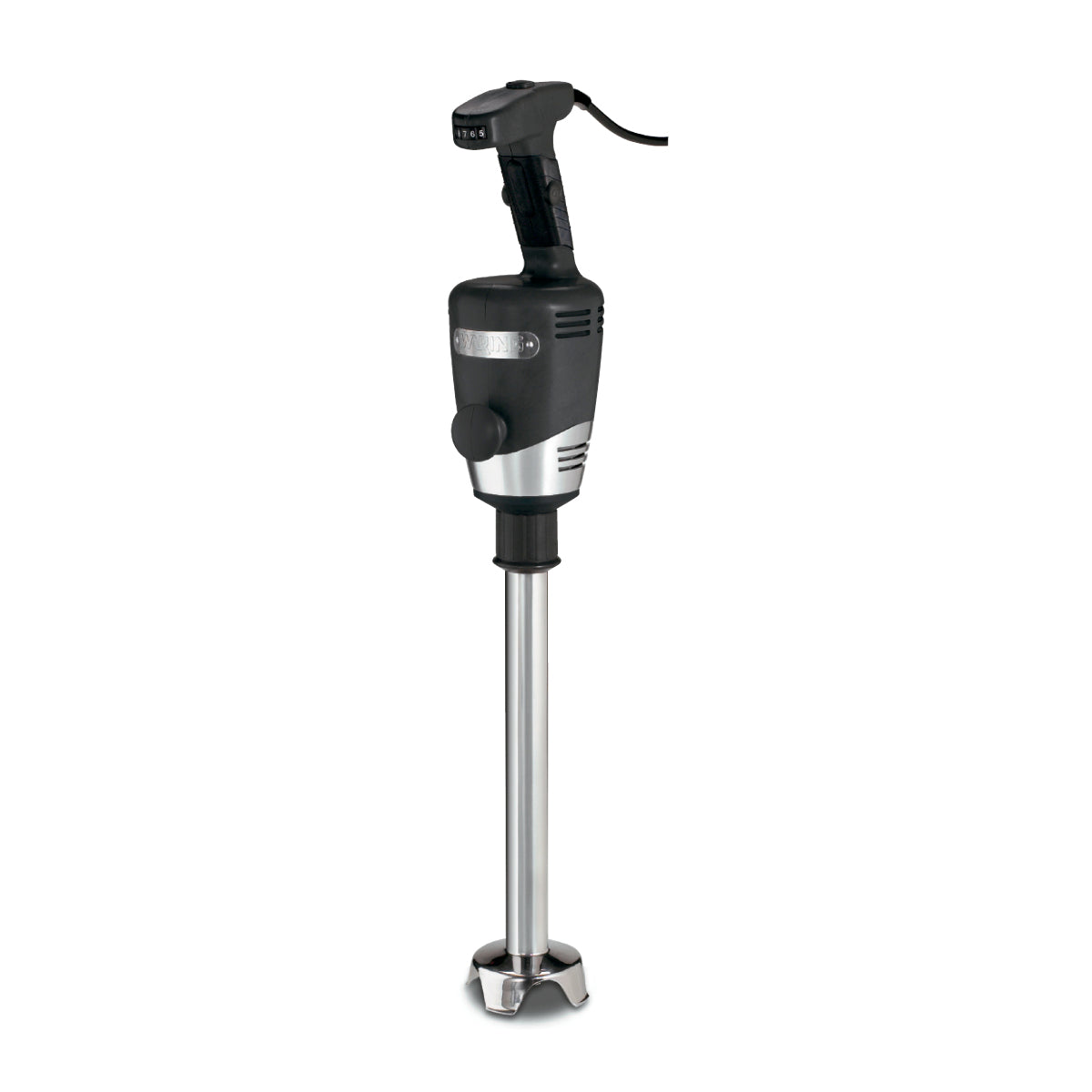 A heavy duty immersion blender featuring a black ergonomic handle, silver accents, and a 14" stainless steel shaft with a protective blade guard; the power cord extends from the top. The background is plain white.
