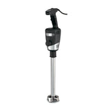 A heavy duty immersion blender featuring a black ergonomic handle, silver accents, and a 14" stainless steel shaft with a protective blade guard; the power cord extends from the top. The background is plain white.