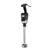 A heavy duty immersion blender featuring a black ergonomic handle, silver accents, and a 14" stainless steel shaft with a protective blade guard; the power cord extends from the top. The background is plain white.