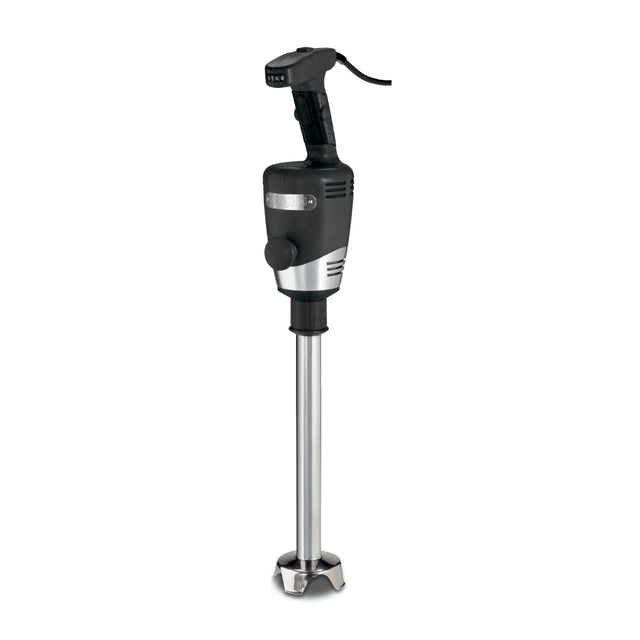 A heavy duty immersion blender featuring a black ergonomic handle, silver accents, and a 14" stainless steel shaft with a protective blade guard; the power cord extends from the top. The background is plain white.