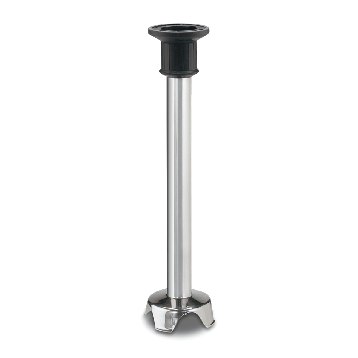 A Waring 14 Inch Immersion Blender Shaft features a stainless steel body, a black plastic top attachment, and a rounded blade guard with three curved openings. The image is set against a plain white background.