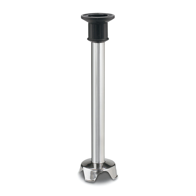 A Waring 14 Inch Immersion Blender Shaft features a stainless steel body, a black plastic top attachment, and a rounded blade guard with three curved openings. The image is set against a plain white background.