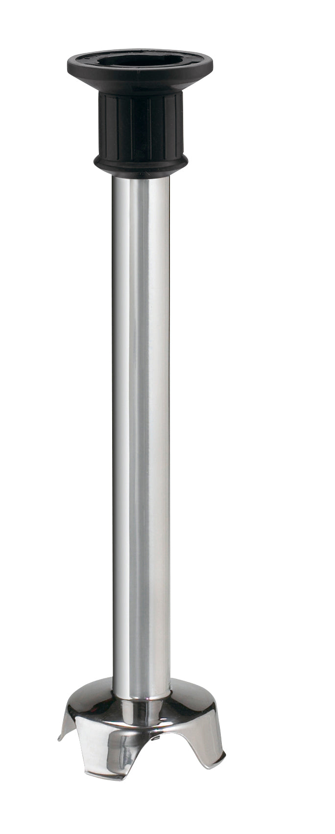 A tall, cylindrical stainless steel table leg with a shiny chrome finish, a wide rounded base with three small feet, and a black adjustable connector at the top—similar in style to a 14 inch immersion blender shaft.