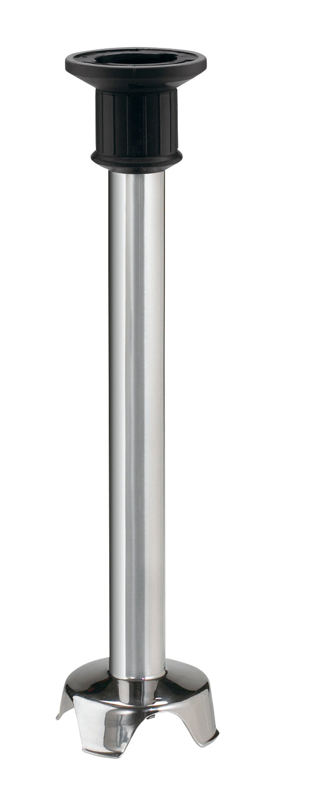 A tall, cylindrical stainless steel table leg with a shiny chrome finish, a wide rounded base with three small feet, and a black adjustable connector at the top—similar in style to a 14 inch immersion blender shaft.