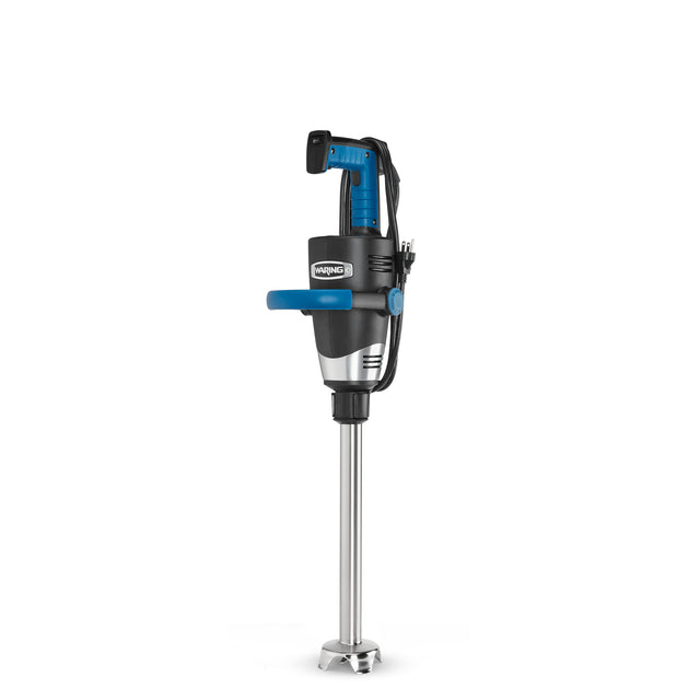 A heavy duty immersion blender with a black and blue handle, user-friendly control panel, and a stainless steel removable shaft ending in a blade guard. The “Waring” brand is visible as it stands upright on a white background.