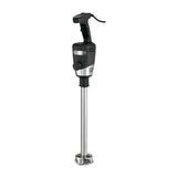 A heavy duty black and silver commercial immersion blender with a long metal shaft, ergonomic handle, control buttons on top, and a blade guard at the bottom, ideal for mixing in up to 100 qt capacity containers. Stands upright on a plain white background.