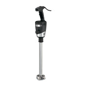 A heavy duty black and silver commercial immersion blender with a long metal shaft, ergonomic handle, control buttons on top, and a blade guard at the bottom, ideal for mixing in up to 100 qt capacity containers. Stands upright on a plain white background.