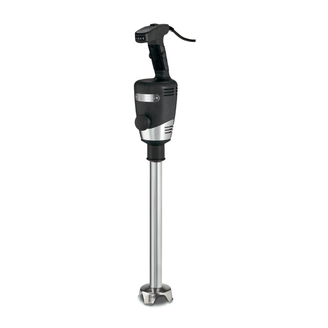 A heavy duty black and silver commercial immersion blender with a long metal shaft, ergonomic handle, control buttons on top, and a blade guard at the bottom, ideal for mixing in up to 100 qt capacity containers. Stands upright on a plain white background.