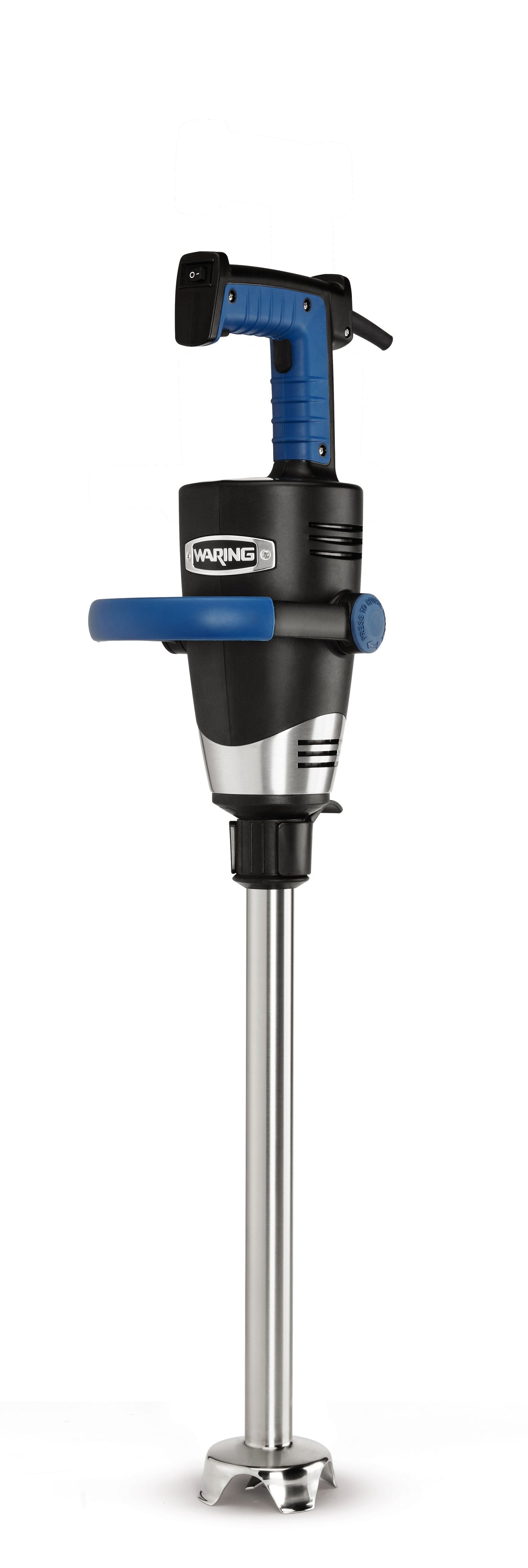A heavy duty immersion blender with a variable speed motor, blue and black handle, side grip, 18 stainless steel shaft, and metal blade guard. The “Waring” label appears on the black and silver body. Background is plain white.