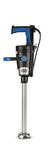 A heavy duty immersion blender with an 18 stainless steel shaft, a black and blue handle, a blue side grip, and a black cord wrapped around the top. The blender stands upright against a plain white background.