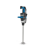 A heavy duty immersion blender with a black and blue handle, silver body, and 18 stainless steel shaft stands upright on a white background. The Waring logo is displayed on the main body.