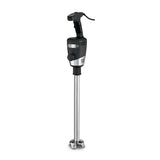 A commercial-grade immersion blender with a black handle and body, control buttons on top, and a long stainless steel blending shaft ending in a metal blade guard. The sleek, heavy-duty design is perfect for kitchens handling up to 140 qt capacity.