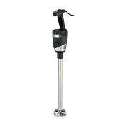 A commercial-grade immersion blender with a black handle and body, control buttons on top, and a long stainless steel blending shaft ending in a metal blade guard. The sleek, heavy-duty design is perfect for kitchens handling up to 140 qt capacity.