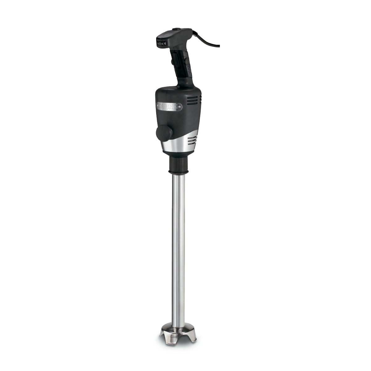 A heavy duty immersion blender with a black handle, control buttons, and ventilation slits. It features an 18" stainless steel shaft ending in a metal blade guard with visible blades. The power cord extends from the top handle.