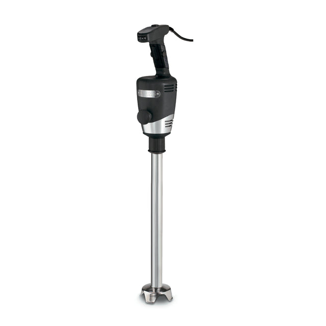 A heavy duty immersion blender with a black handle, control buttons, and ventilation slits. It features an 18" stainless steel shaft ending in a metal blade guard with visible blades. The power cord extends from the top handle.