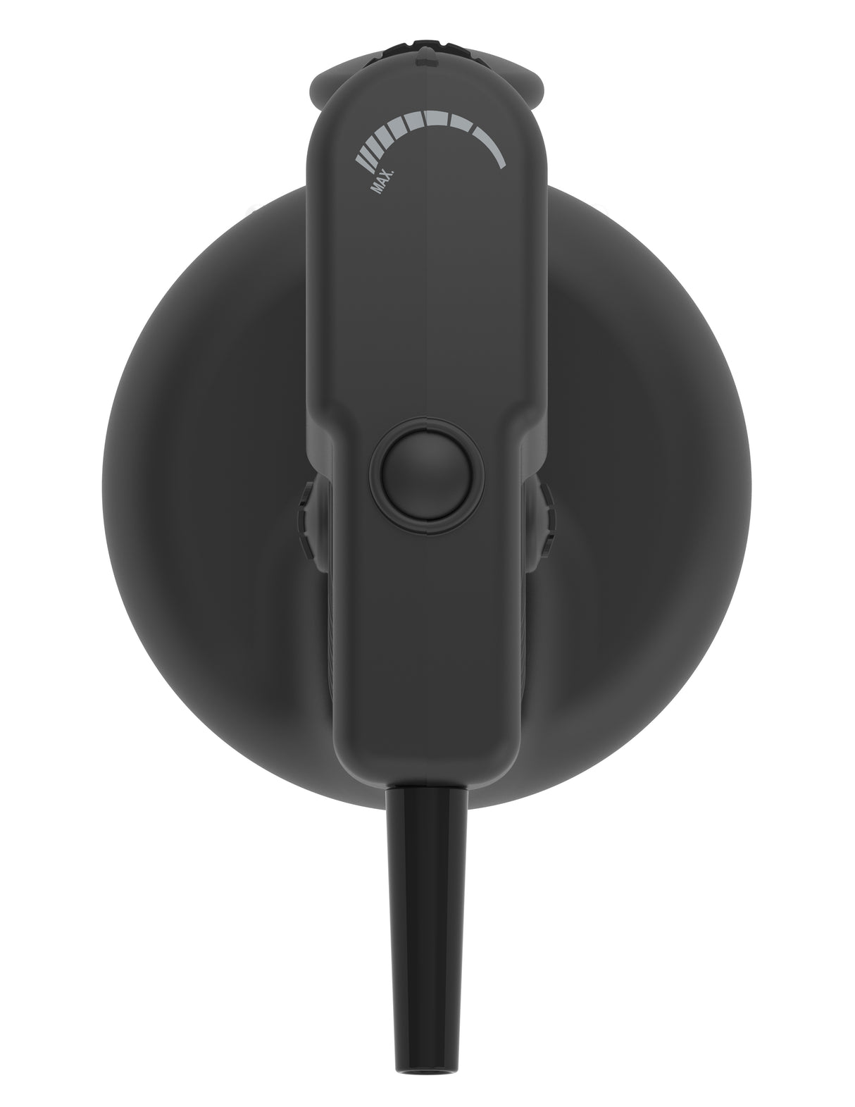 A top-down view of a black electric kettle with a handle and spout. The matte surface is smooth, while the lid features a round button. A white water level indicator graphic, like those found on heavy duty appliances, is printed near the handle.