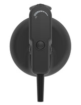 A top-down view of a black electric kettle with a handle and spout. The matte surface is smooth, while the lid features a round button. A white water level indicator graphic, like those found on heavy duty appliances, is printed near the handle.