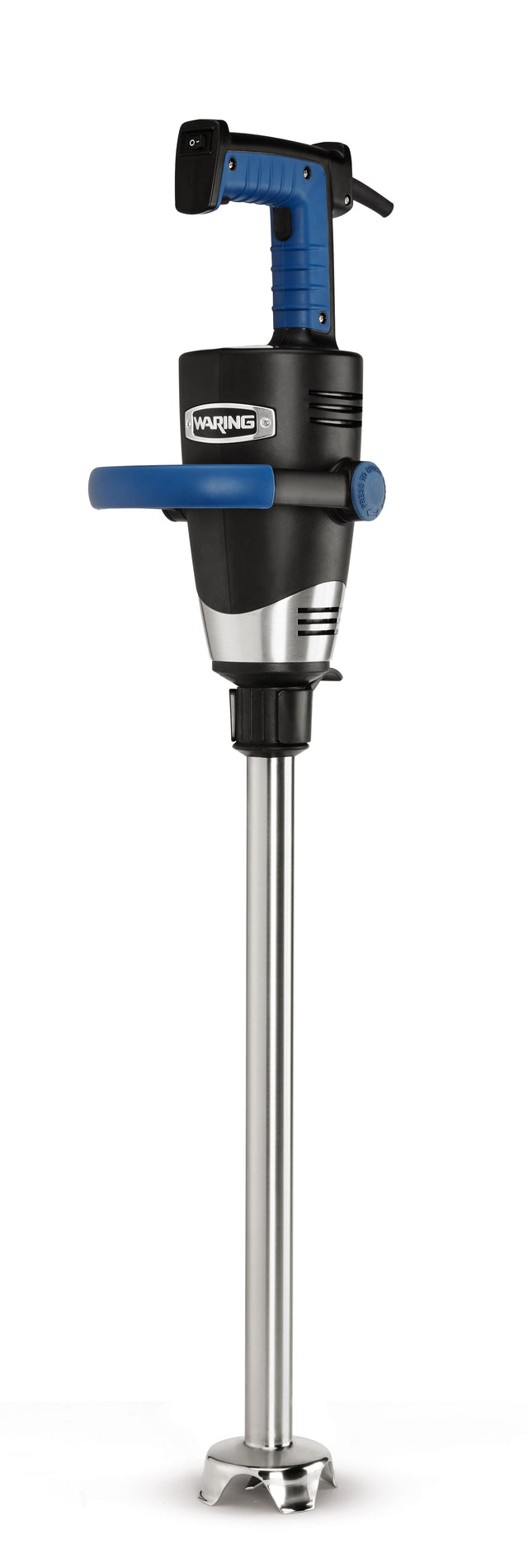 A heavy-duty immersion blender with a black and blue handle, variable speed motor, sturdy 21" stainless steel shaft, and blue side handle for support. The Waring brand is visible on the body, with a control switch on top and a metal blade guard at the shaft's end.