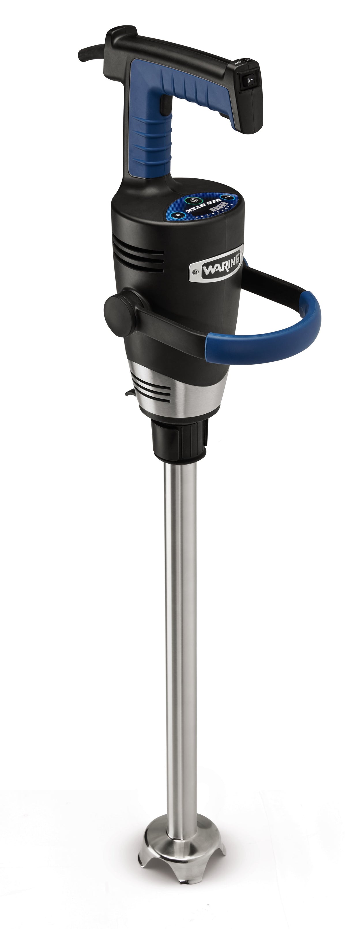 A heavy-duty immersion blender with a black and blue handle, side grip for stability, and a 21" stainless steel shaft ending in a metal blade guard. The variable speed motor’s control panel and warning label are visible on the white background.