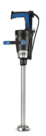 A heavy-duty immersion blender with a 21" stainless steel shaft, a black and blue handle, and an attached power cord wrapped around the top. The lower end features a metal blending blade guard for mixing large quantities.