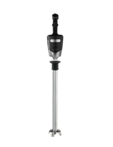 A heavy duty immersion blender with a black and silver motor unit, a long 21" stainless steel shaft, and a protective blade guard at the bottom. The plain white background highlights its industrial design.