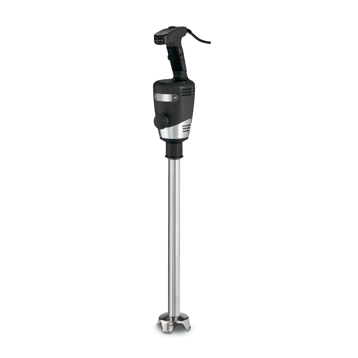 A heavy duty immersion blender featuring a black ergonomic handle, power cord, metallic accents, and a long 21" stainless steel shaft with a protective blade guard and exposed blades at the bottom. The background is plain white.