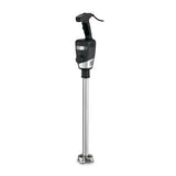 A heavy duty immersion blender featuring a black ergonomic handle, power cord, metallic accents, and a long 21" stainless steel shaft with a protective blade guard and exposed blades at the bottom. The background is plain white.