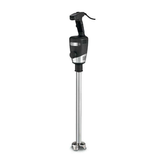 A heavy duty immersion blender featuring a black ergonomic handle, power cord, metallic accents, and a long 21" stainless steel shaft with a protective blade guard and exposed blades at the bottom. The background is plain white.
