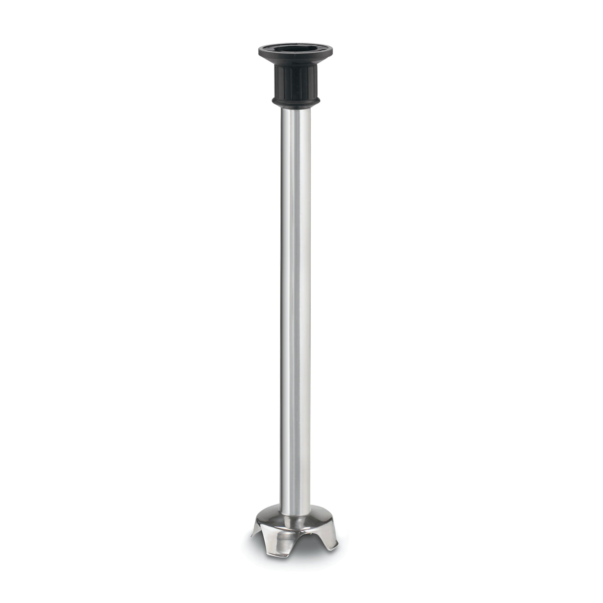 A Waring 21 inch immersion blender shaft, crafted from stainless steel, features a black plastic attachment ring at the top and a protective metal blade guard below. Its sleek cylindrical design is perfect for attaching to your stick blender.
