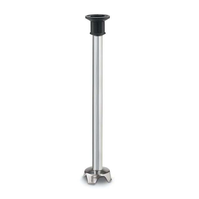 A Waring 21 inch immersion blender shaft, crafted from stainless steel, features a black plastic attachment ring at the top and a protective metal blade guard below. Its sleek cylindrical design is perfect for attaching to your stick blender.