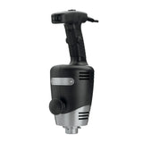 A black and silver Waring commercial hand mixer features a sturdy Motor Housing, pistol-style handle, speed control dial, side knob, and cooling vents—designed for professional kitchen use.