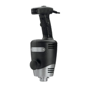 A black and silver Waring commercial hand mixer features a sturdy Motor Housing, pistol-style handle, speed control dial, side knob, and cooling vents—designed for professional kitchen use.
